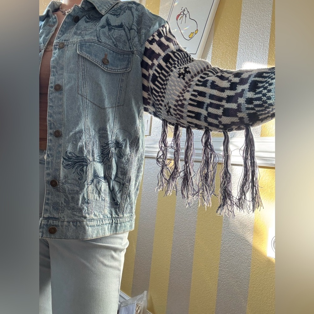 Denim Jacket with Knit Sleeves and Fringe - Picture 2 of 9